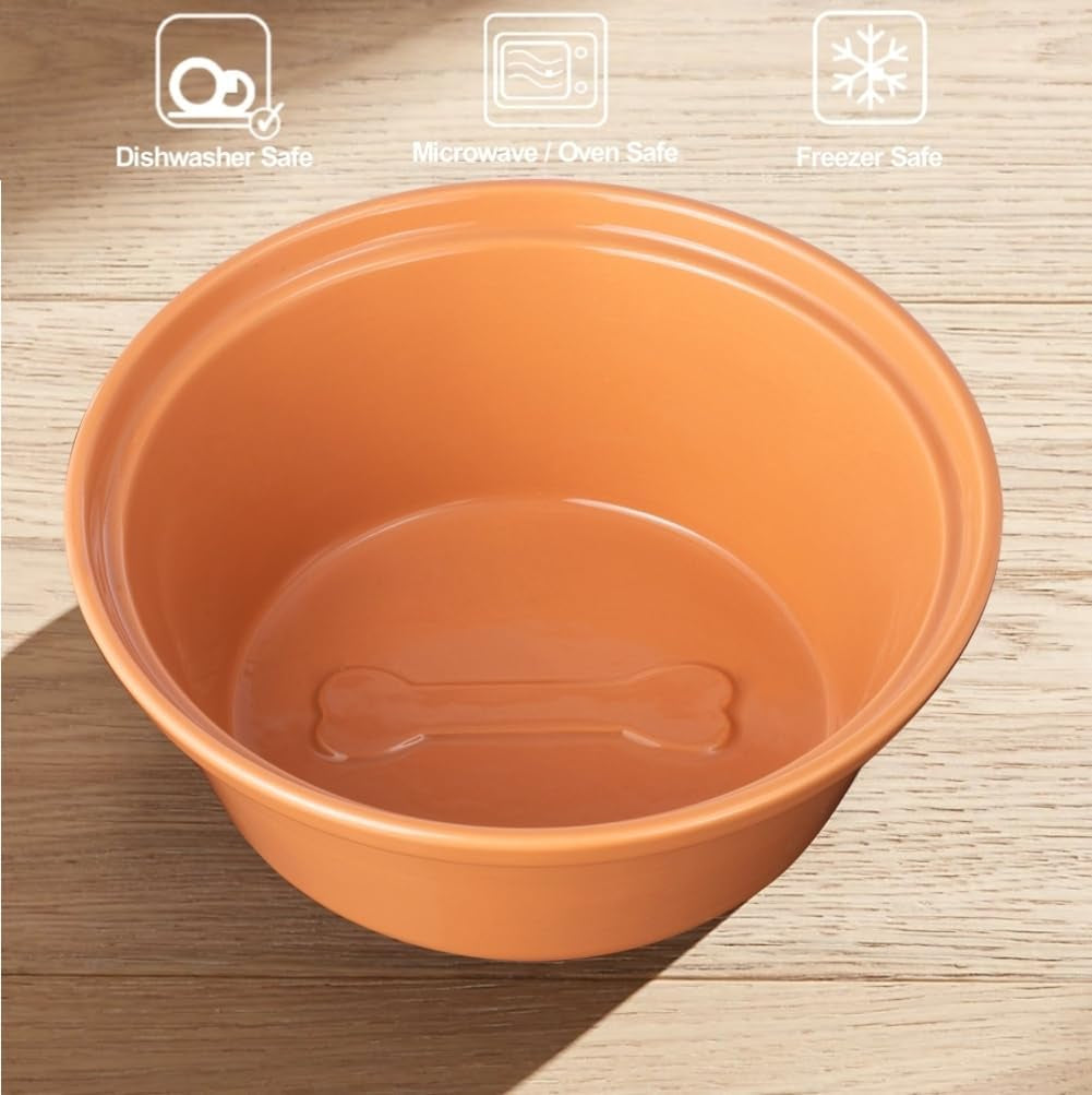 Dog Bowl Stand with 3 Ceramic Bowls - Raised Feeding Station for Medium & Large Dogs, Includes 2 Standard Bowls + 1 Slow Feeder, Durable Iron Frame, Non-Slip (Almond)