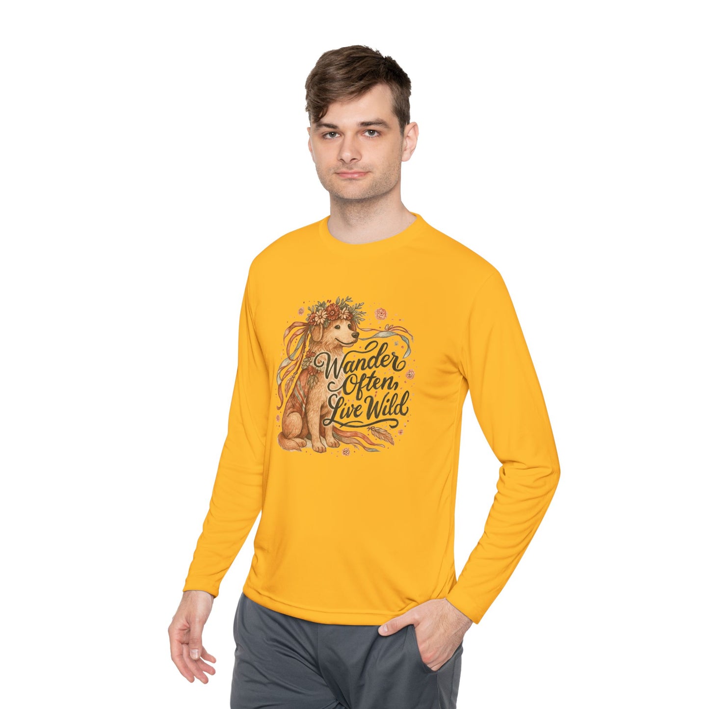 Dogtown Boho Revival "Wander Often, Live Wild" Polyester Sport Long Sleeve Tee (Golden Retriever)