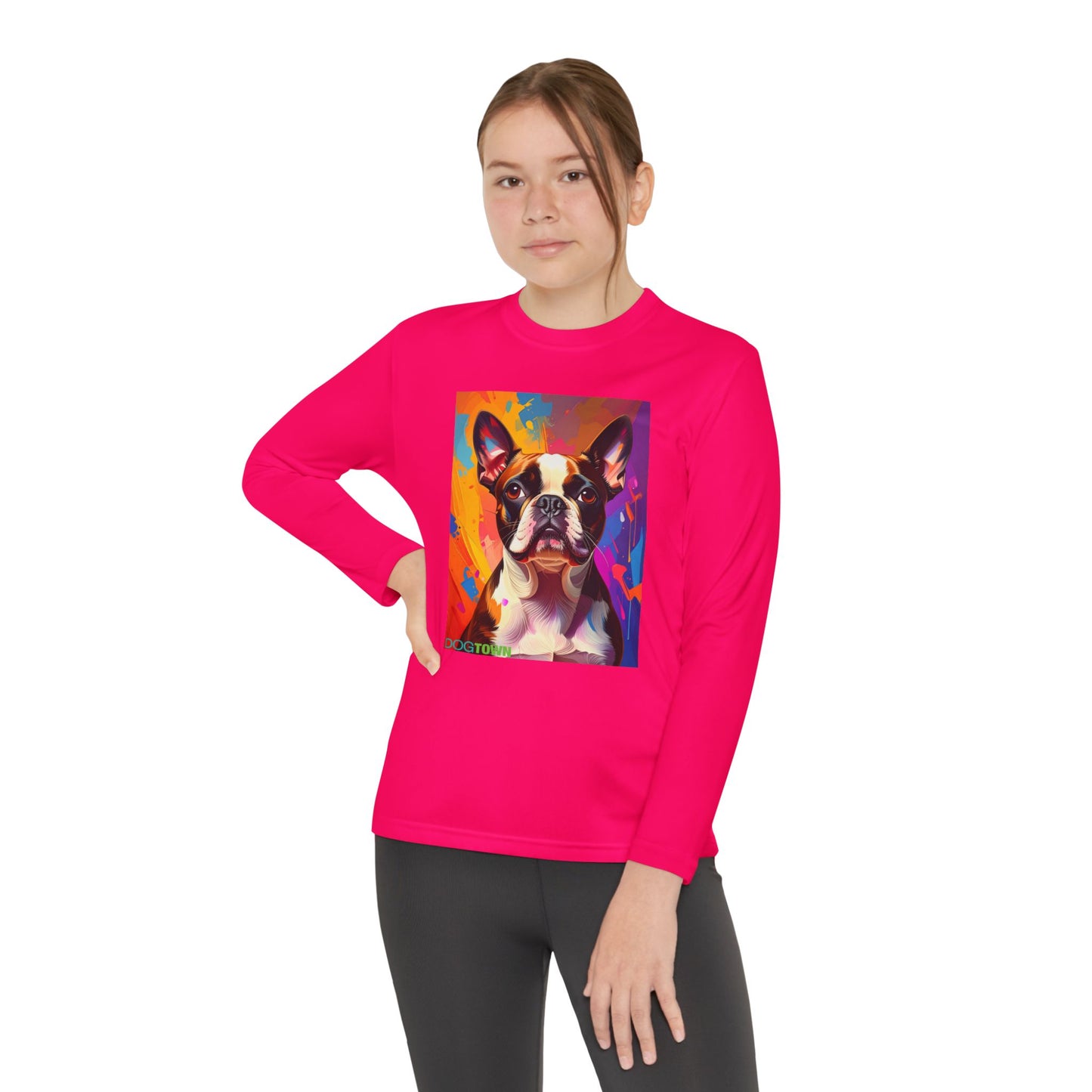 Pup Art Canvas - Kid's Sport Long Sleeve Tee (Boston Terrier)
