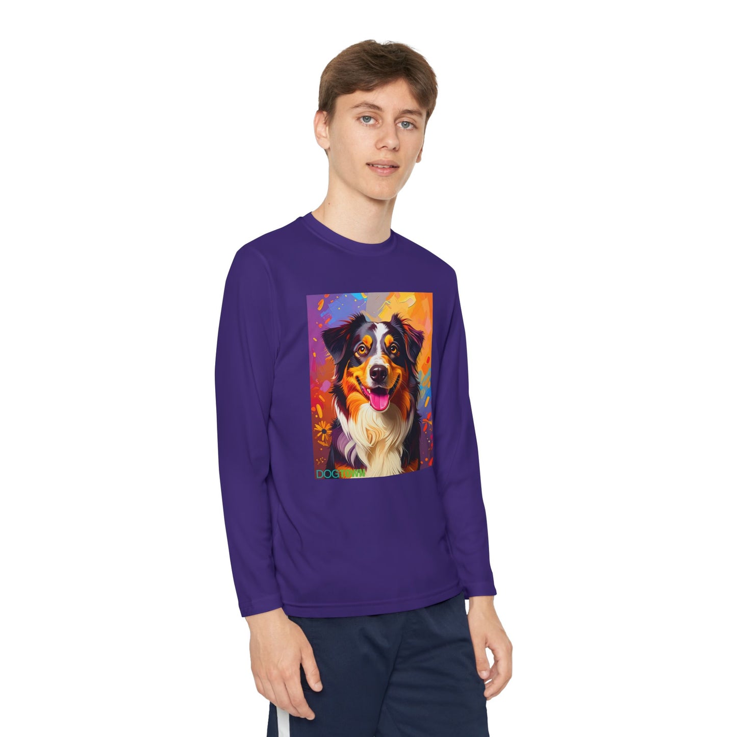Pup Art Canvas - Kid's Sport Long Sleeve Tee (Australian Shepherd)