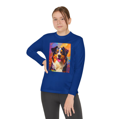 Pup Art Canvas - Kid's Sport Long Sleeve Tee (Australian Shepherd)