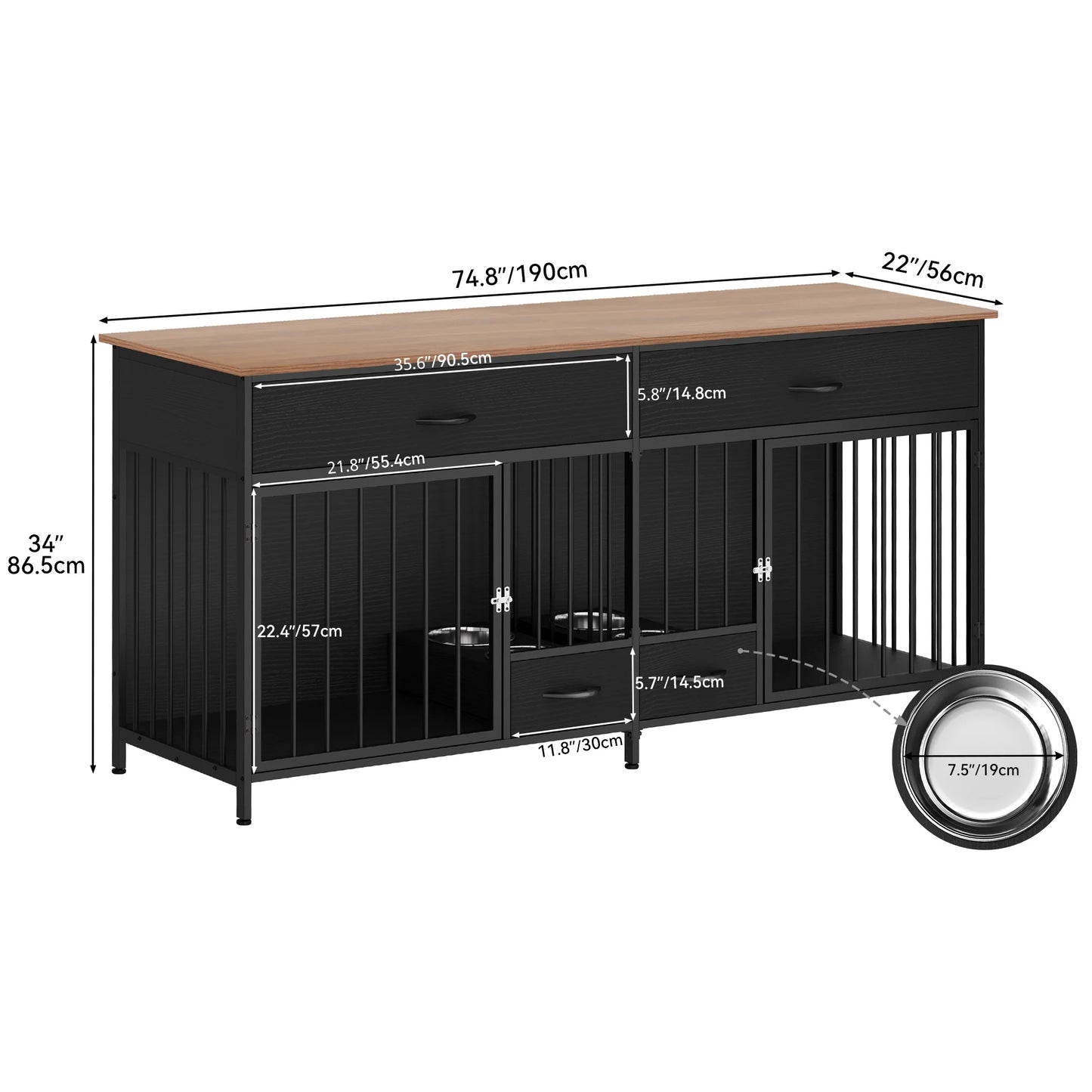 Double Dog Crate Furniture with Storage & Dog Feeder