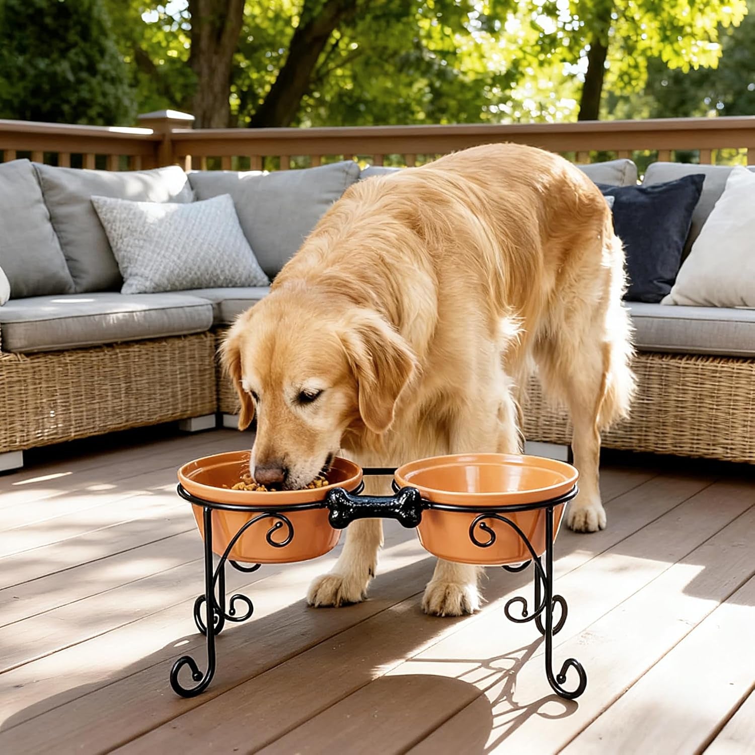 Dog Bowl Stand with 3 Ceramic Bowls - Raised Feeding Station for Medium & Large Dogs, Includes 2 Standard Bowls + 1 Slow Feeder, Durable Iron Frame, Non-Slip (Almond)