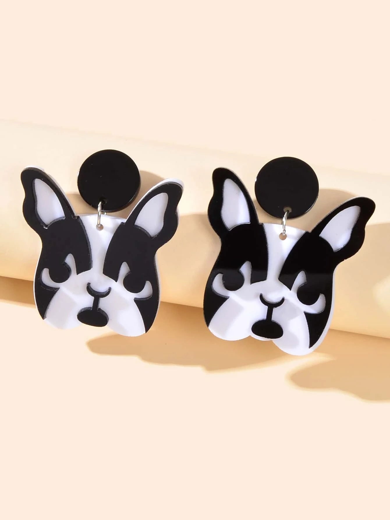 Cartoon Jewelry Black White Acrylic Dog Dangle Statement Lovely Women