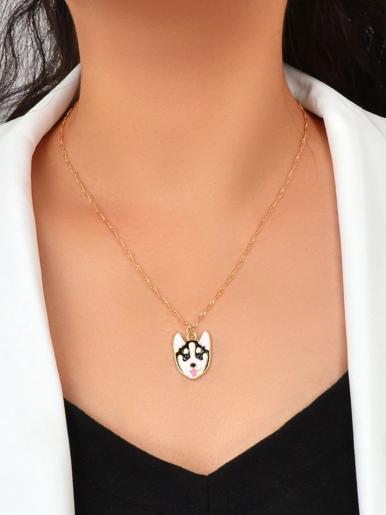 Cartoon Designer Jewelry Gold Link Chain White Black Enamel Dog