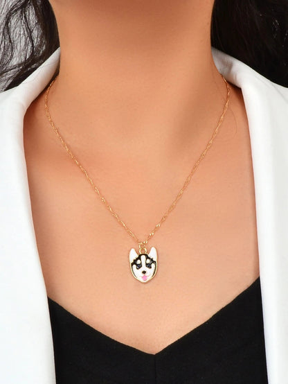 Cartoon Designer Jewelry Gold Link Chain White Black Enamel Dog
