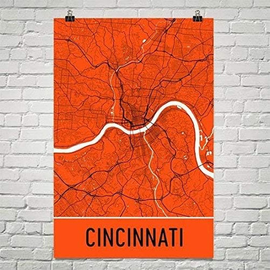 Cincinnati Poster, Cincinnati Art Print, Cincinnati Wall Art, Cincinnati Map, Cincinnati City Map, Cincinnati Ohio City Map Art,Cincinnati Gift,Cincinnati Decor, (12" X 18", Orange and Black)