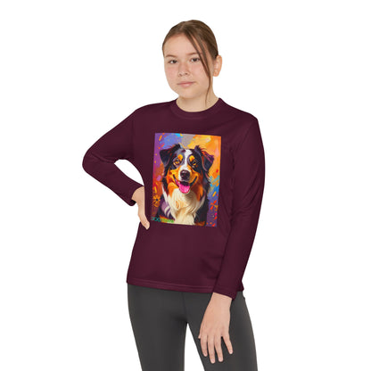Pup Art Canvas - Kid's Sport Long Sleeve Tee (Australian Shepherd)
