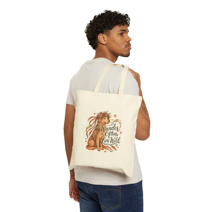 Dogtown Boho Revival "Wander Often, Live Wild" Cotton Canvas Tote Bag (Golden Retriever)