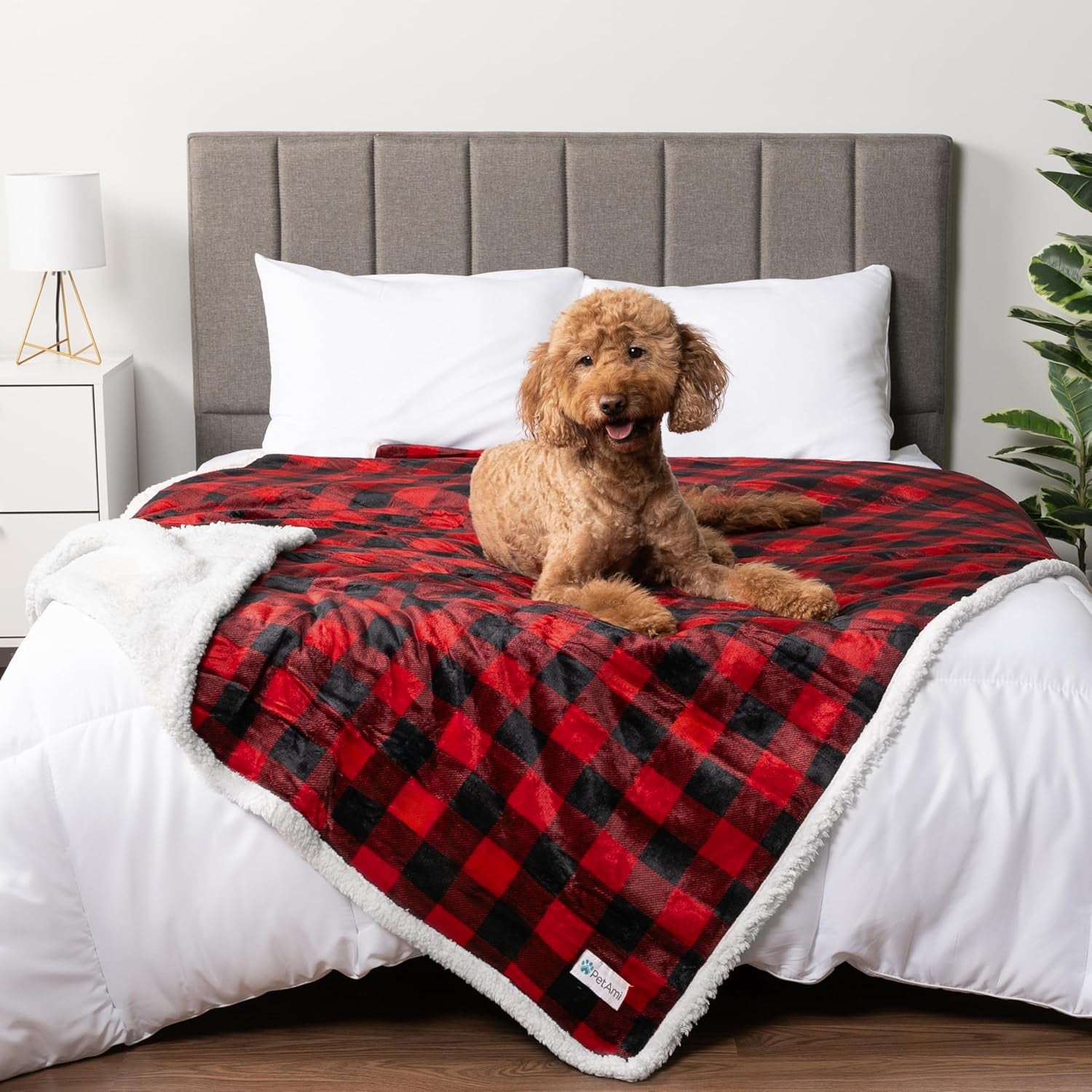 Waterproof Dog Blanket for Medium Large XL Dog Sherpa Fleece, Reversible Soft Washable 80X60 Checker Plaid Red