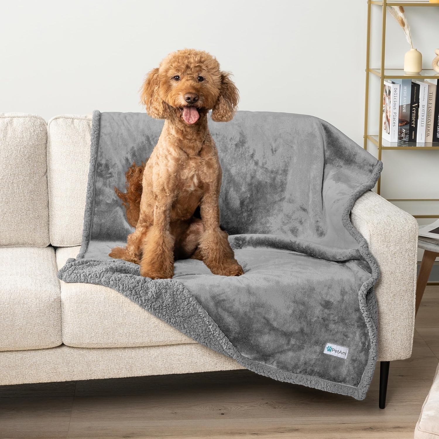 Waterproof Dog Blanket for Queen Bed Large XL Dog Throw for Couch Cover Leakproof Furniture Protection, Sherpa Fleece, Reversible Soft Washable 90X90 Light Gray