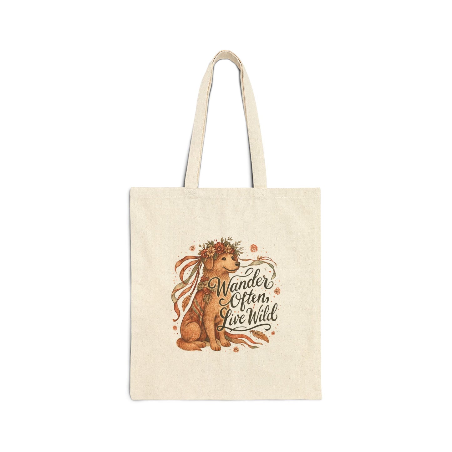 Dogtown Boho Revival "Wander Often, Live Wild" Cotton Canvas Tote Bag (Golden Retriever)