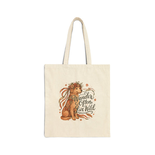 Dogtown Boho Revival "Wander Often, Live Wild" Cotton Canvas Tote Bag (Golden Retriever)