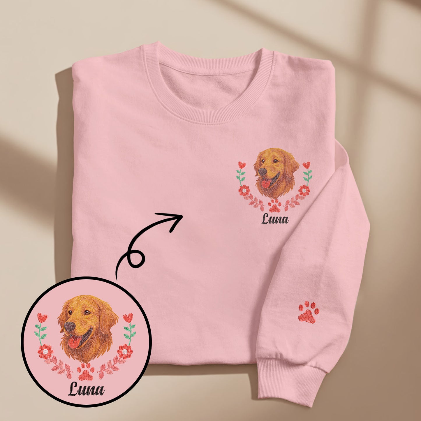 Custom Embroidered-Style Pet Sweatshirt – Personalized Pullover with Pet Name & Wreath
