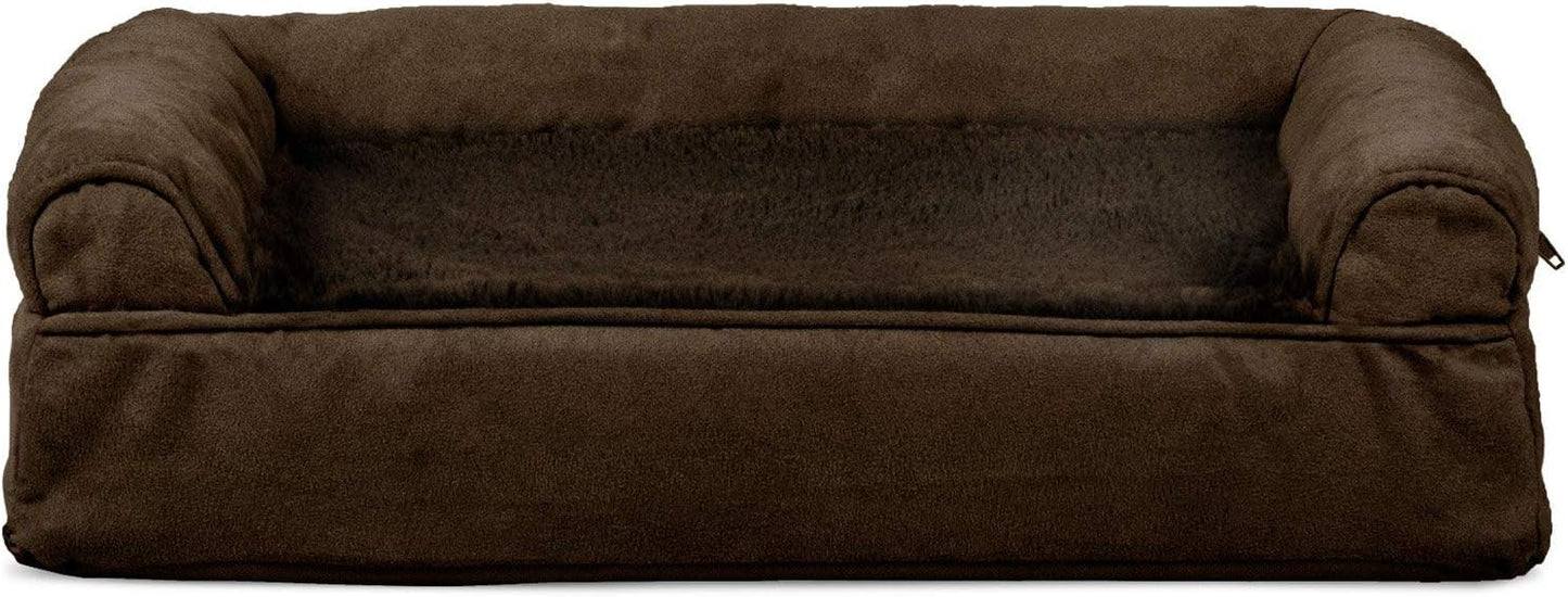 Cooling Gel Dog Bed w/ Removable Bolsters & Washable Cover, for Dogs up to 35 Lbs - Plush & Suede Sofa - Espresso, Medium