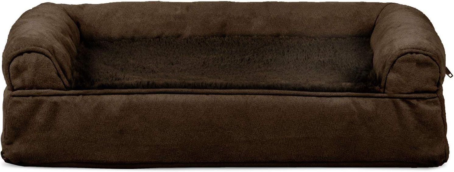 Cooling Gel Dog Bed w/ Removable Bolsters & Washable Cover, for Dogs up to 35 Lbs - Plush & Suede Sofa - Espresso, Medium
