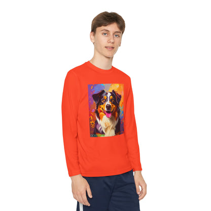 Pup Art Canvas - Kid's Sport Long Sleeve Tee (Australian Shepherd)