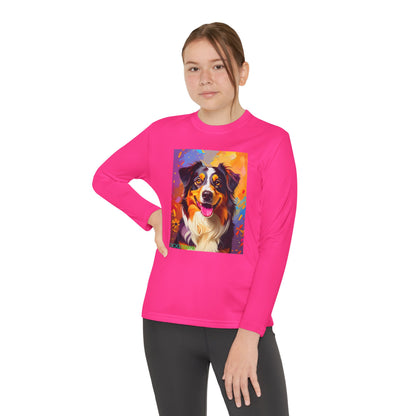 Pup Art Canvas - Kid's Sport Long Sleeve Tee (Australian Shepherd)