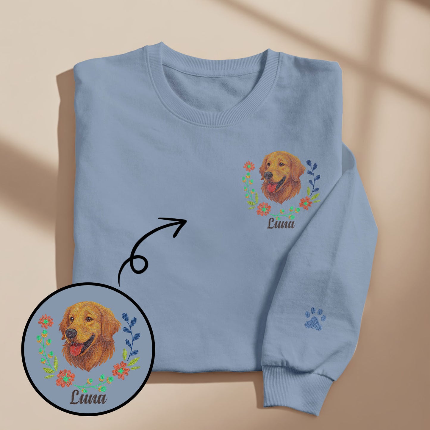 Custom Embroidered-Style Pet Sweatshirt – Personalized Pullover with Pet Name & Wreath