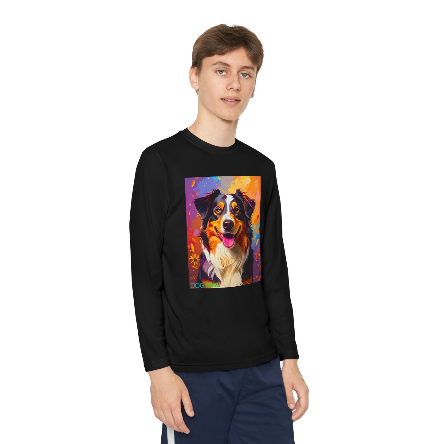Pup Art Canvas - Kid's Sport Long Sleeve Tee (Australian Shepherd)
