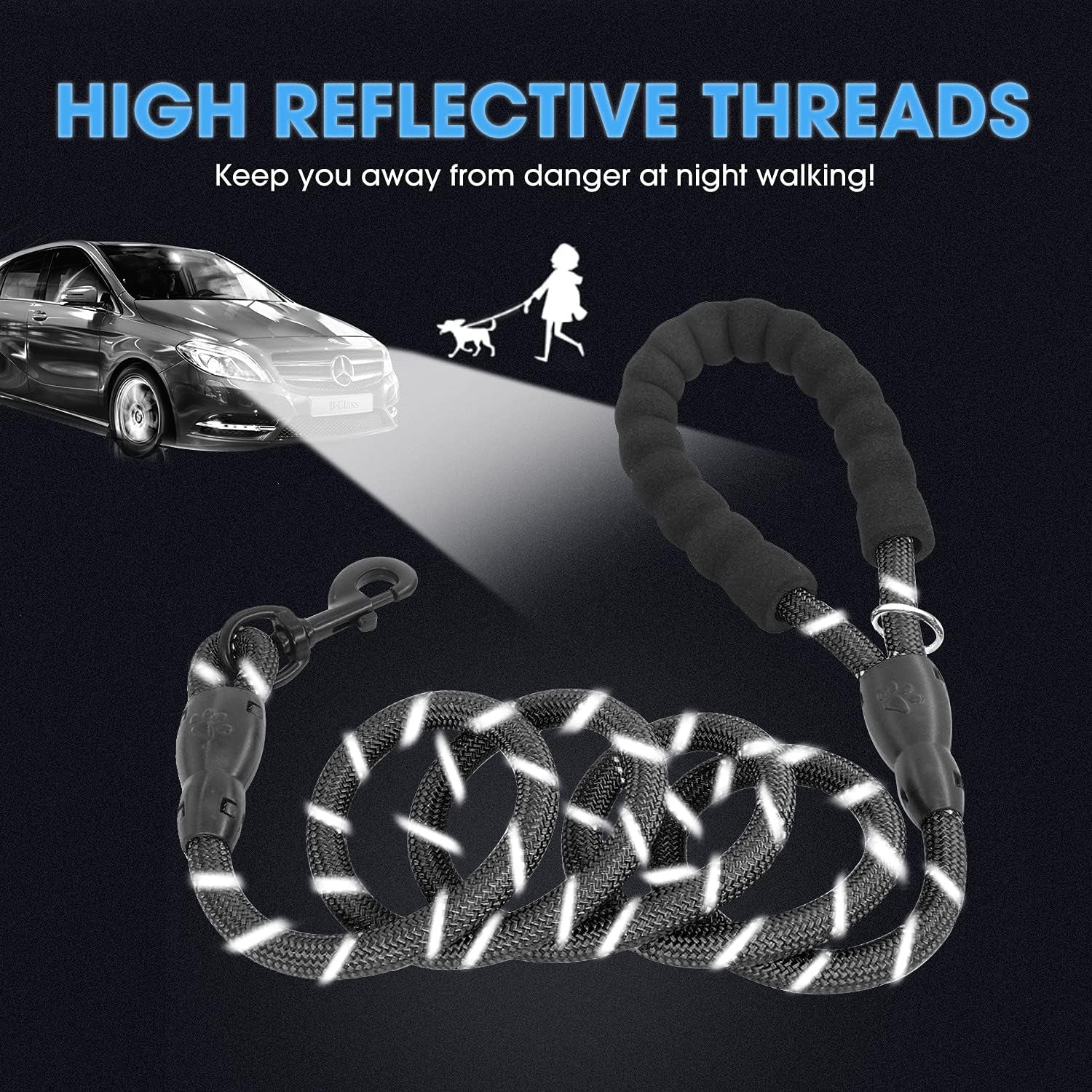 2 Pack Dog Leash with Comfortable Padded Handle and Highly Reflective Threads 5'