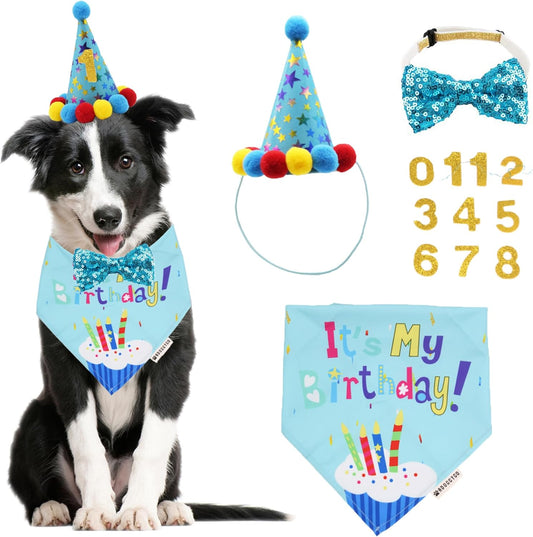 Dog Birthday Bandana Scarf and Blue Boy Pet Birthday Party Hat with Cute Bow Tie for Medium Large Dog Pet (Large)