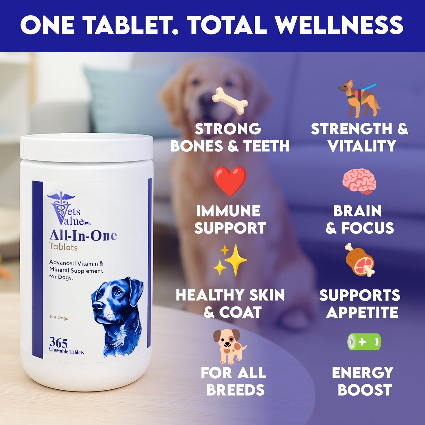 Vets Value All-in-One Dog Vitamins – 365 Chewable Tablets – Advanced Multivitamin & Mineral Supplement for Dogs – Supports Joints, Immunity, Skin & Coat – Daily Wellness for All Breeds