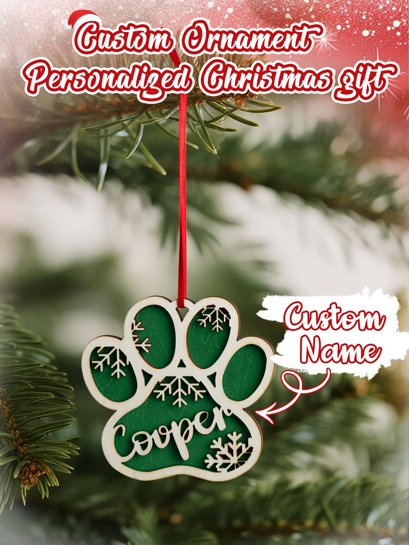 Personalized Dog Paw Snowflake Ornament – Custom Name Christmas Tree Decoration