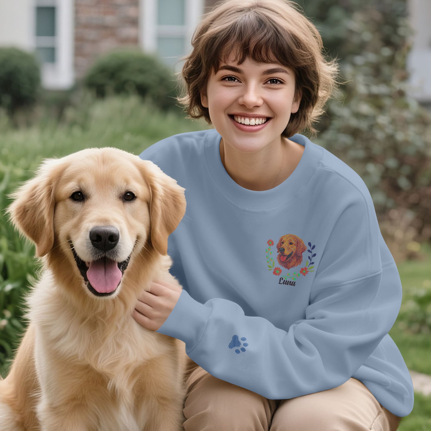 Custom Embroidered-Style Pet Sweatshirt – Personalized Pullover with Pet Name & Wreath