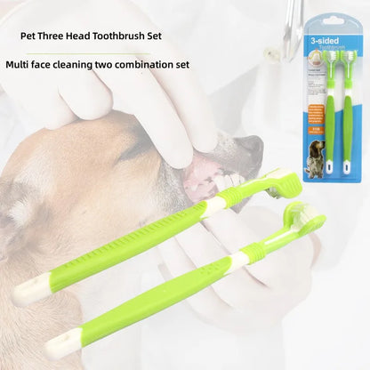 Pet Toothbrush Kit Dental Care Three Heads Dog Toothbrush Finger