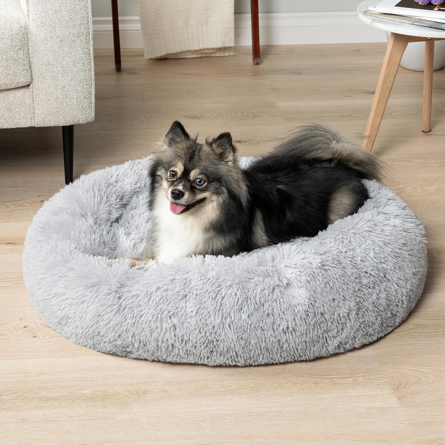 Calming Dog Bed for Small Medium Dog Cat, round Donut Dog Bed Washable, Fluffy Faux Fur Plush Cuddler Pet Kitten Cushion Bed, Anti-Slip, Fits up to 25 Lbs, 23 Inch, Light Gray