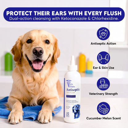 Veterinary Ear Flush for Dogs and Cats 12oz (XL 355ml Bottle) - Clear Therapy Cleaner Alcohol-Free, Itch-Relief Yeast Infections, Supports Healthy Canals - Optimized Solution Dog Washing, White/Clear